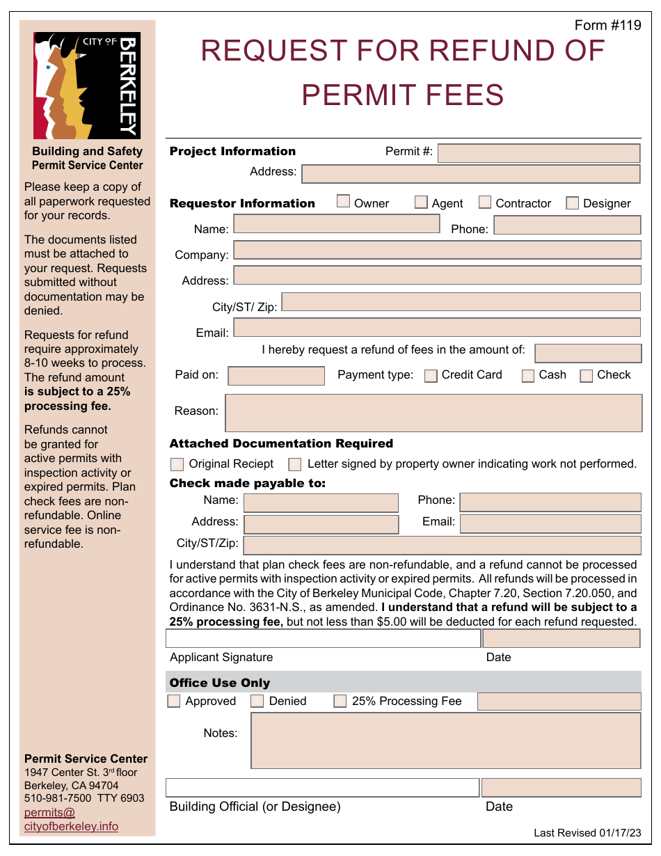 Form 119 Request for Refund of Permit Fees - City of Berkeley, California, Page 1