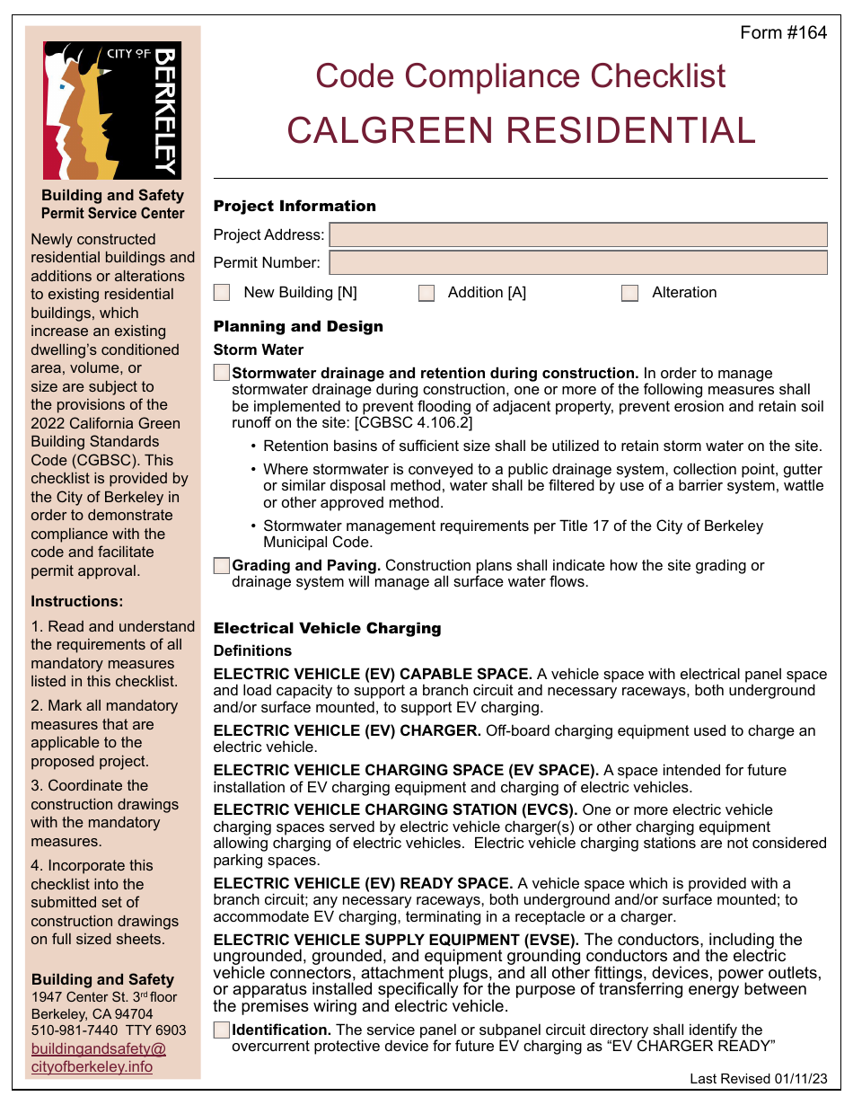 Form 164 Calgreen Residential Checklist - City of Berkeley, California, Page 1