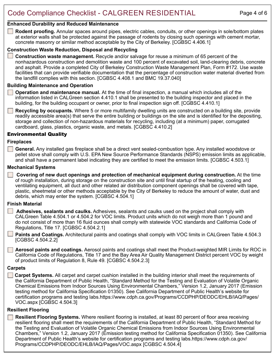 Form 164 Calgreen Residential Checklist - City of Berkeley, California, Page 4