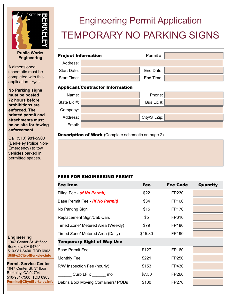 Engineering Permit Application - Temporary No Parking Signs - City of Berkeley, California, Page 1