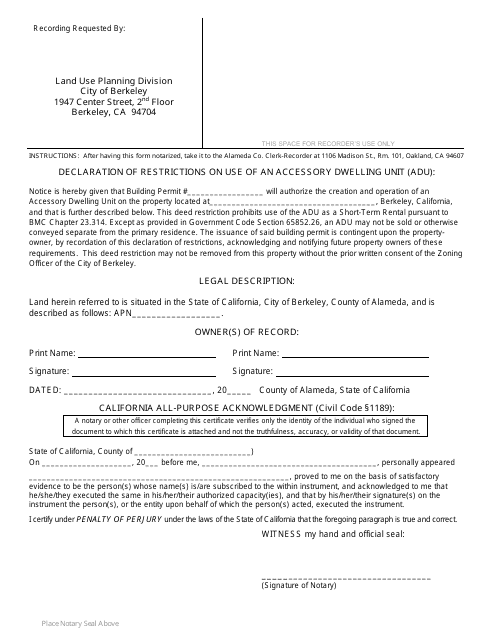 Declaration of Restrictions on Use of an Accessory Dwelling Unit (Adu) - City of Berkeley, California