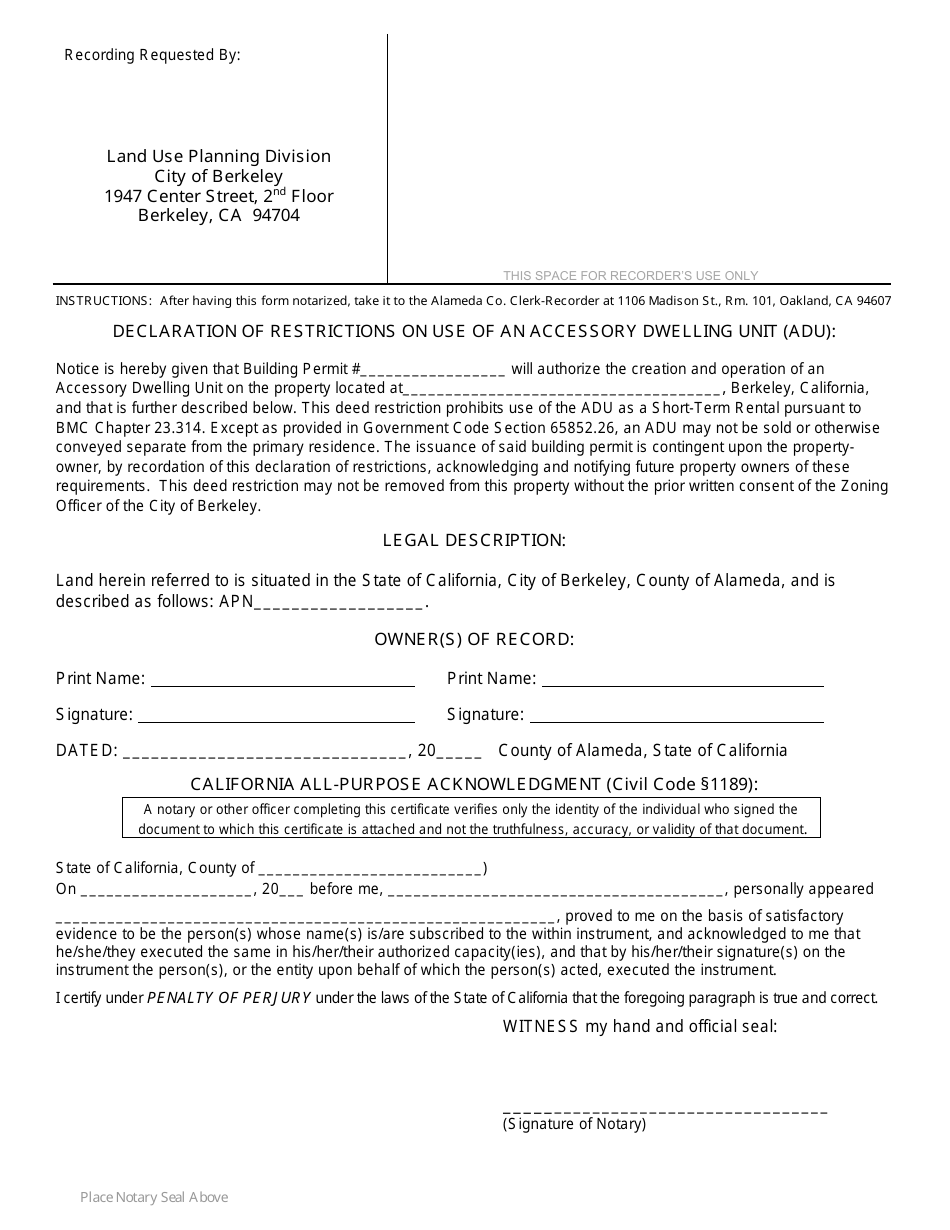 Declaration of Restrictions on Use of an Accessory Dwelling Unit (Adu) - City of Berkeley, California, Page 1