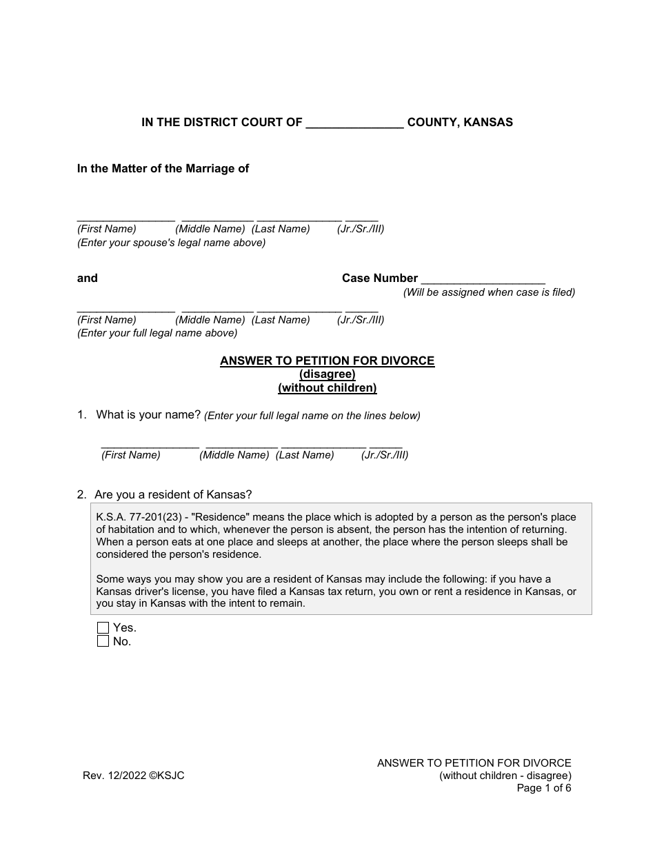 Answer to Petition for Divorce (Without Children - Disagree) - Kansas, Page 1