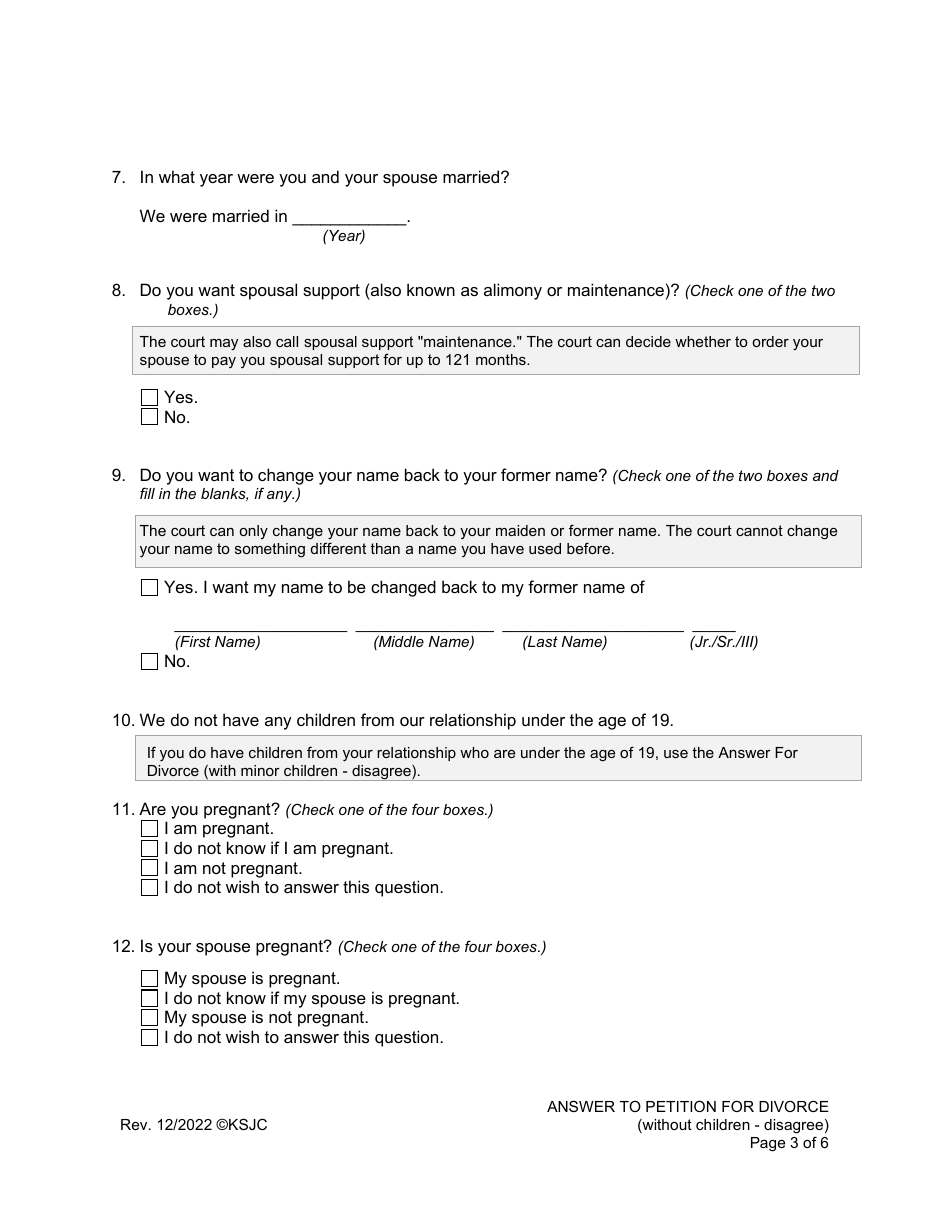 Answer to Petition for Divorce (Without Children - Disagree) - Kansas, Page 3