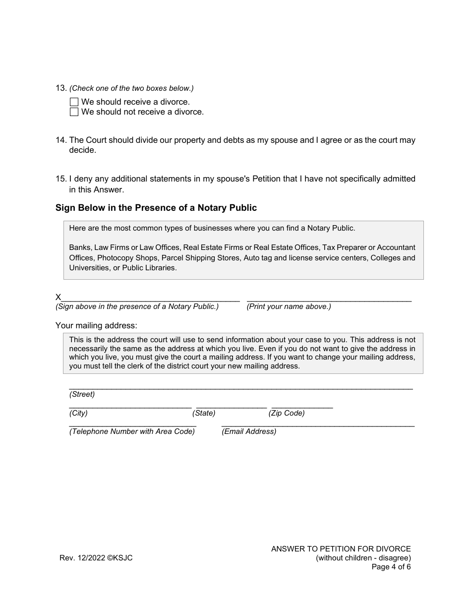 Answer to Petition for Divorce (Without Children - Disagree) - Kansas, Page 4