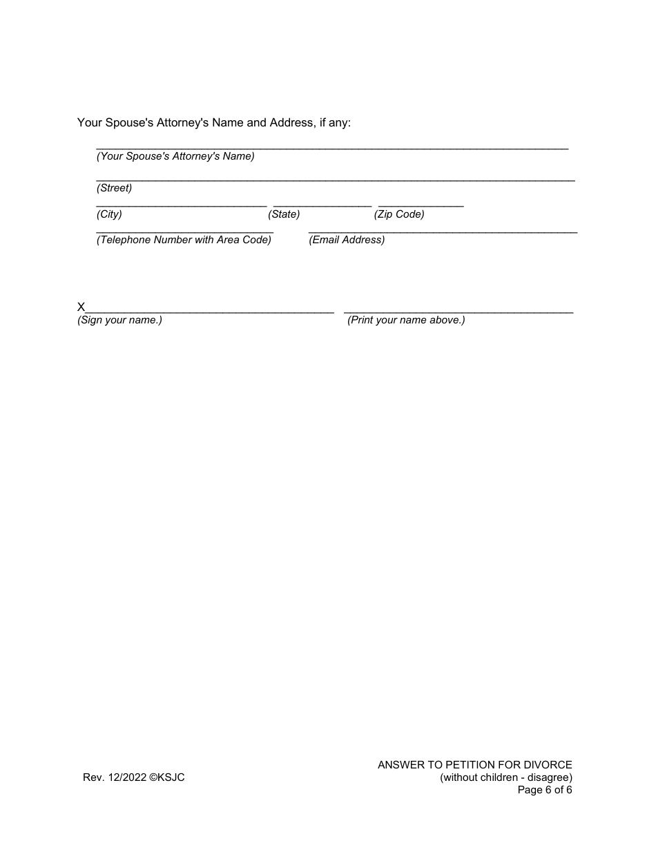 Answer to Petition for Divorce (Without Children - Disagree) - Kansas, Page 6