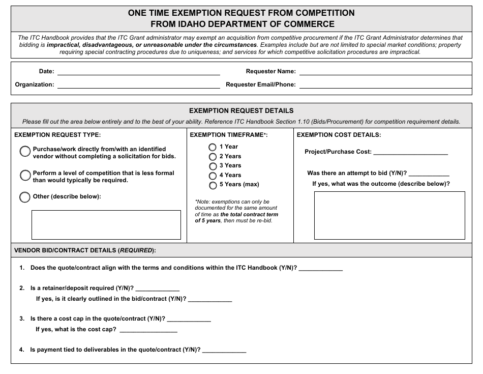 Idaho One Time Exemption Request From Competition From Idaho Department