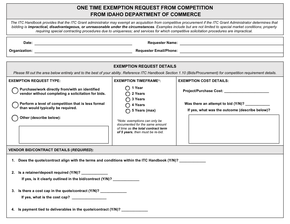 One Time Exemption Request From Competition From Idaho Department of Commerce - Idaho, Page 1