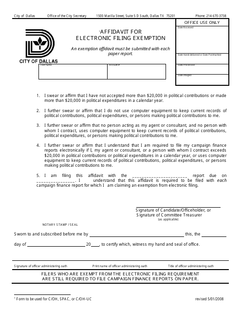 Affidavit for Electronic Filing Exemption - City of Dallas, Texas Download Pdf