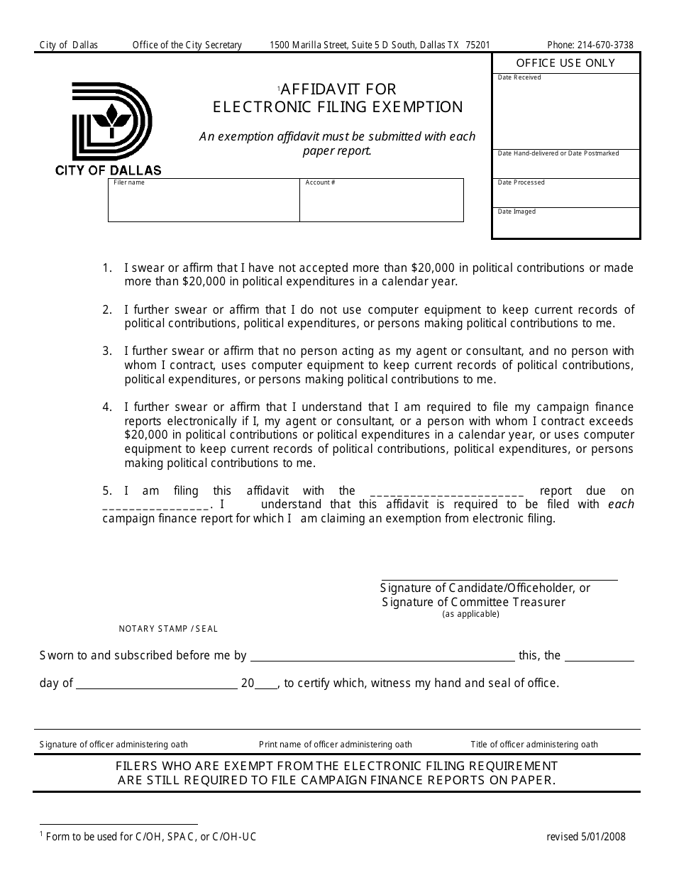 Affidavit for Electronic Filing Exemption - City of Dallas, Texas, Page 1