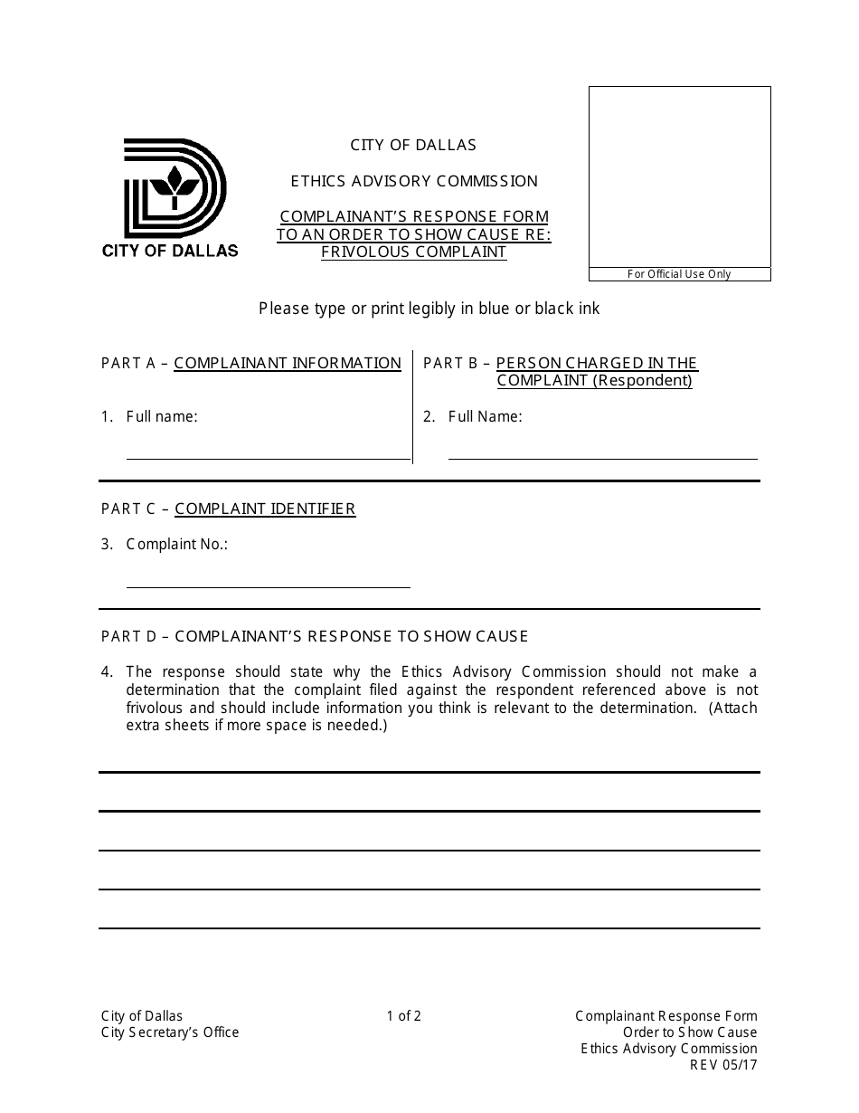 Complainants Response Form - City of Dallas, Texas, Page 1