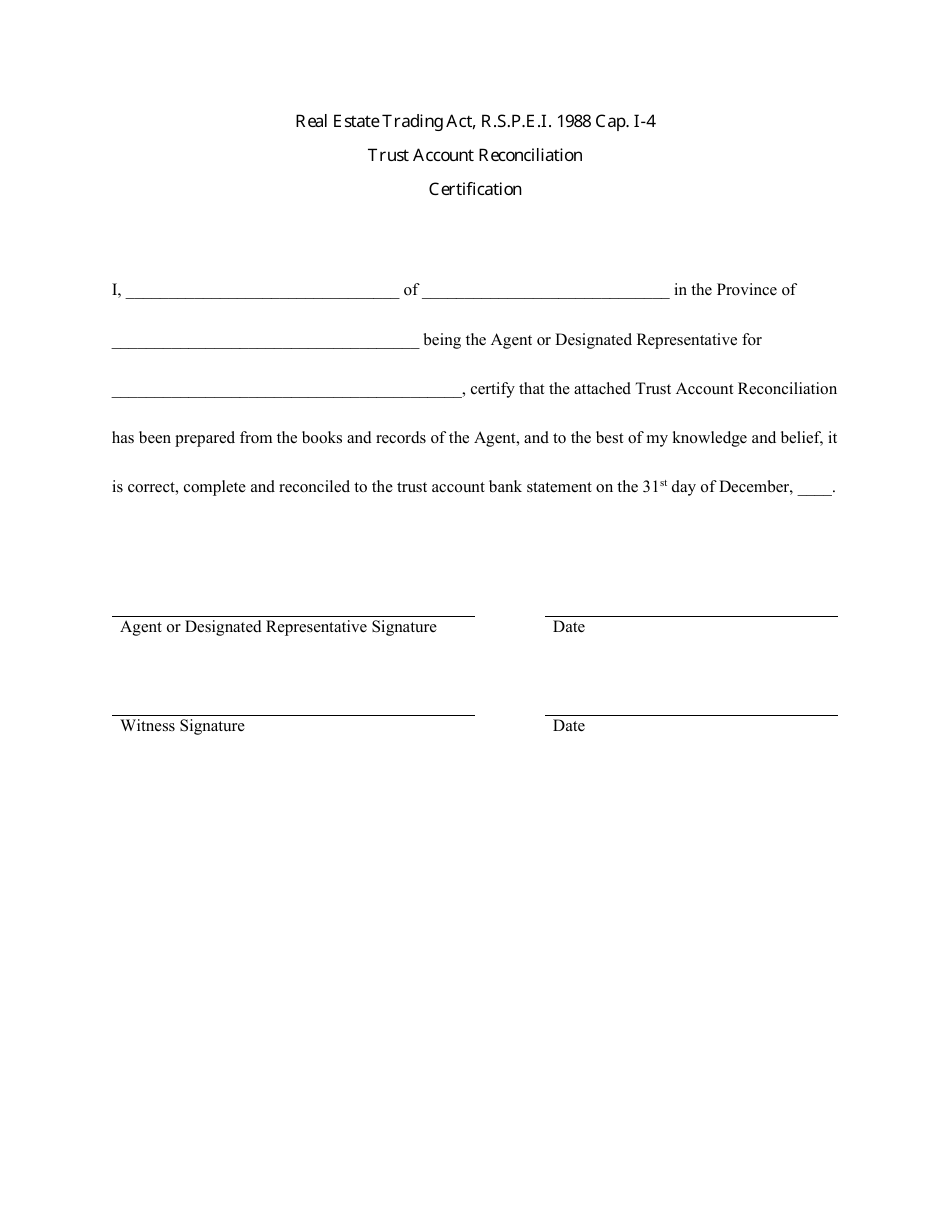 Trust Account Reconciliation Certification - Prince Edward Island, Canada, Page 1