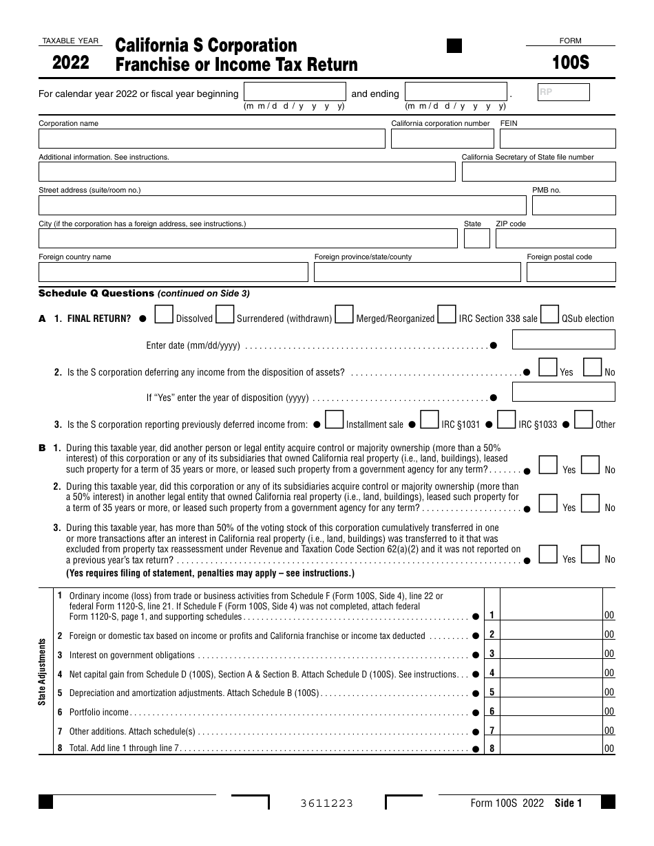 Form 100S California S Corporation Franchise or Income Tax Return - California, Page 1