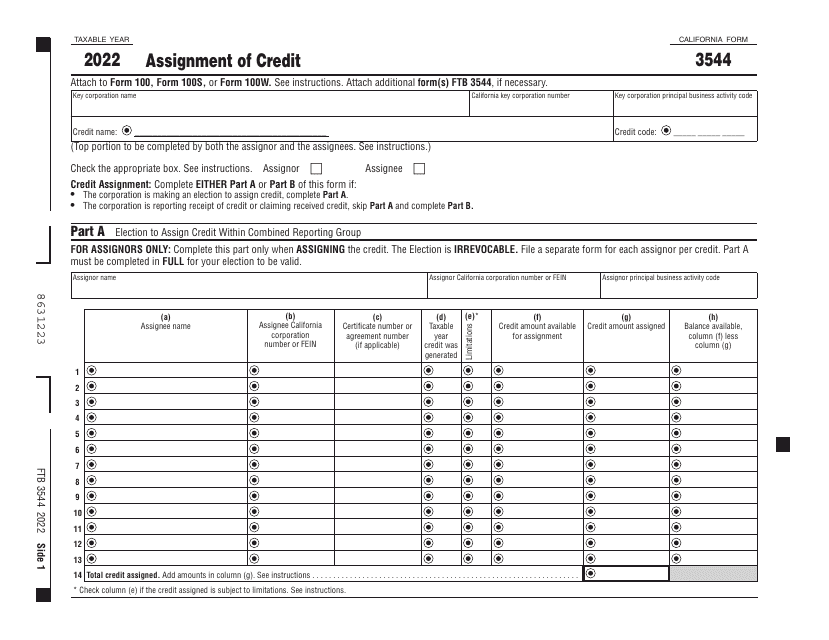 Form 3544 Assignment of Credit - California, 2022