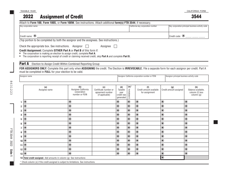 Form 3544 Assignment of Credit - California, Page 1