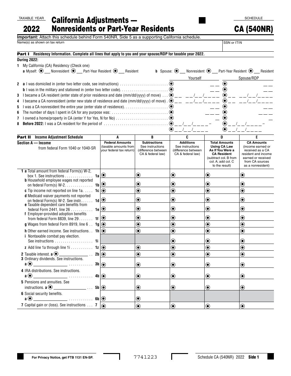 Form 540NR Schedule CA California Adjustments - Nonresidents or Part-Year Residents - California, Page 1
