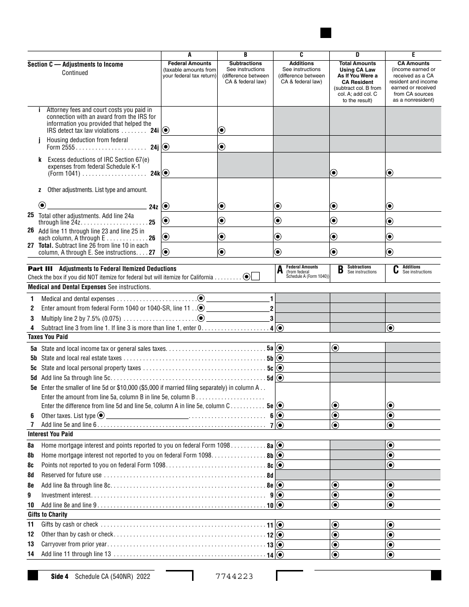 Form 540NR Schedule CA Download Fillable PDF or Fill Online California