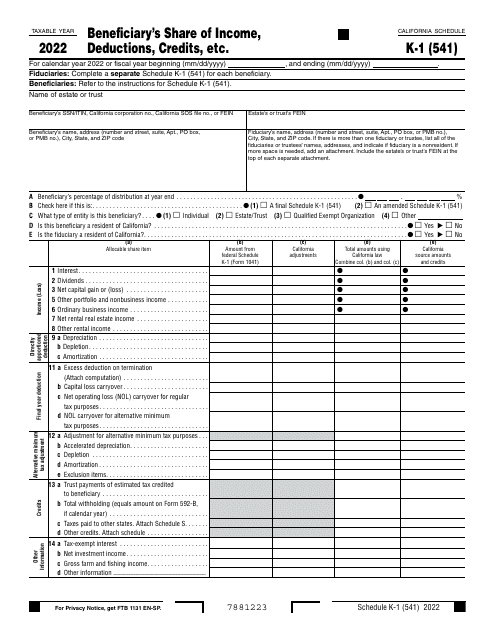 Form 541 Schedule K-1 2022 Printable Pdf