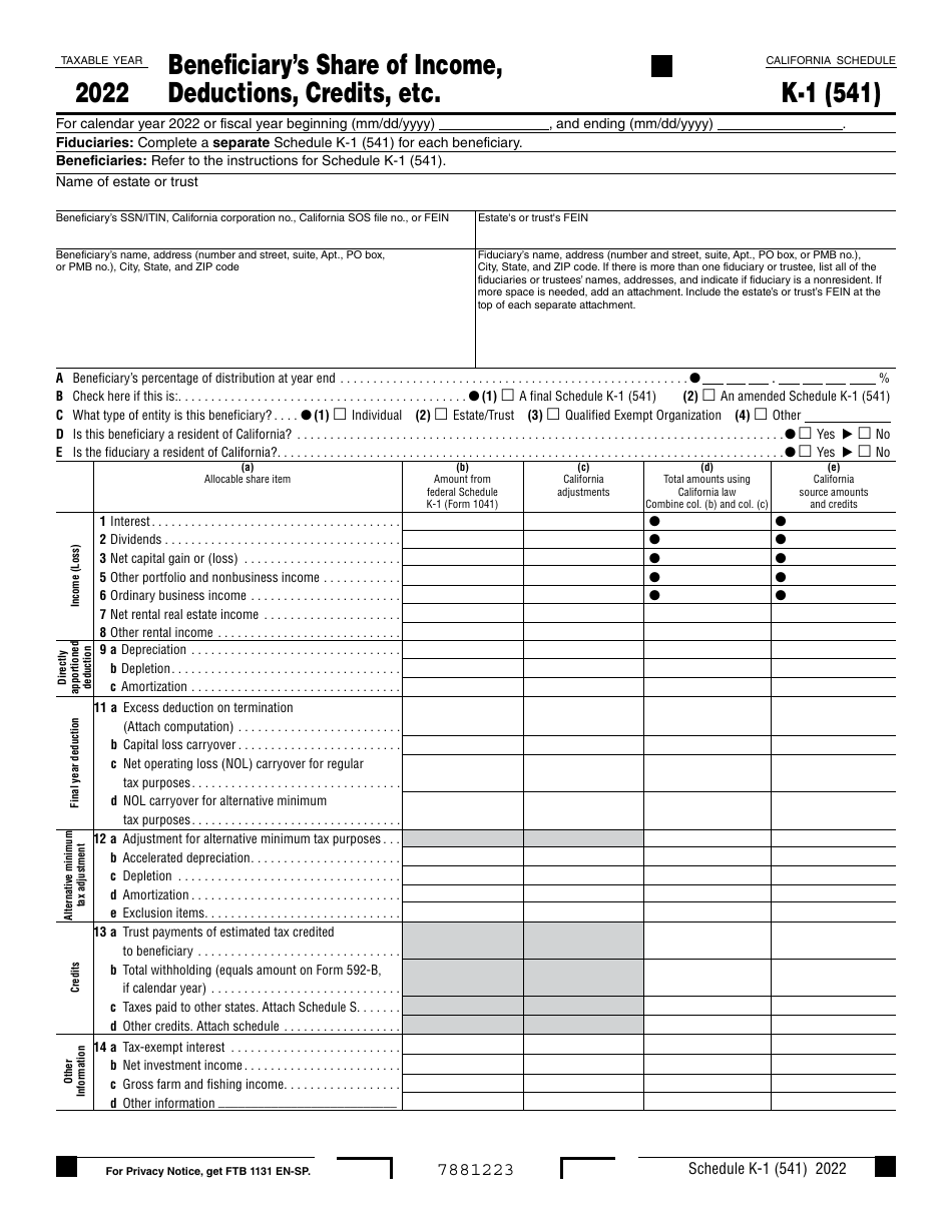 Form 541 Schedule K-1 Beneficiarys Share of Income, Deductions, Credits, Etc. - California, Page 1