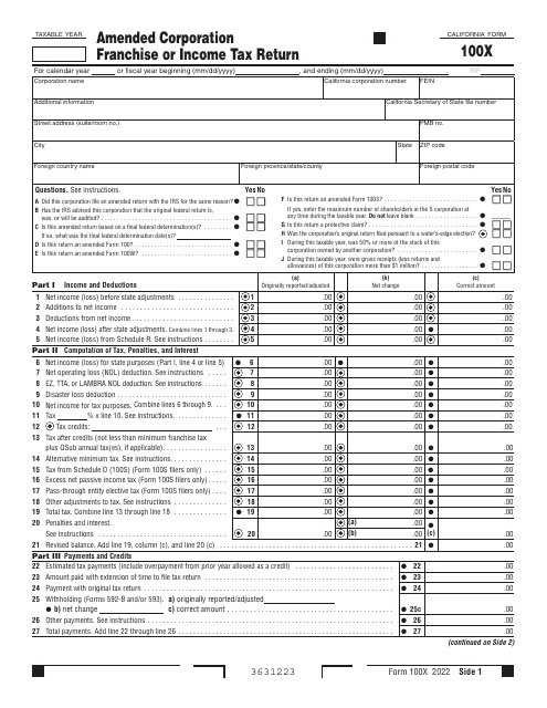 Form 100X Amended Corporation Franchise or Income Tax Return - California, 2022
