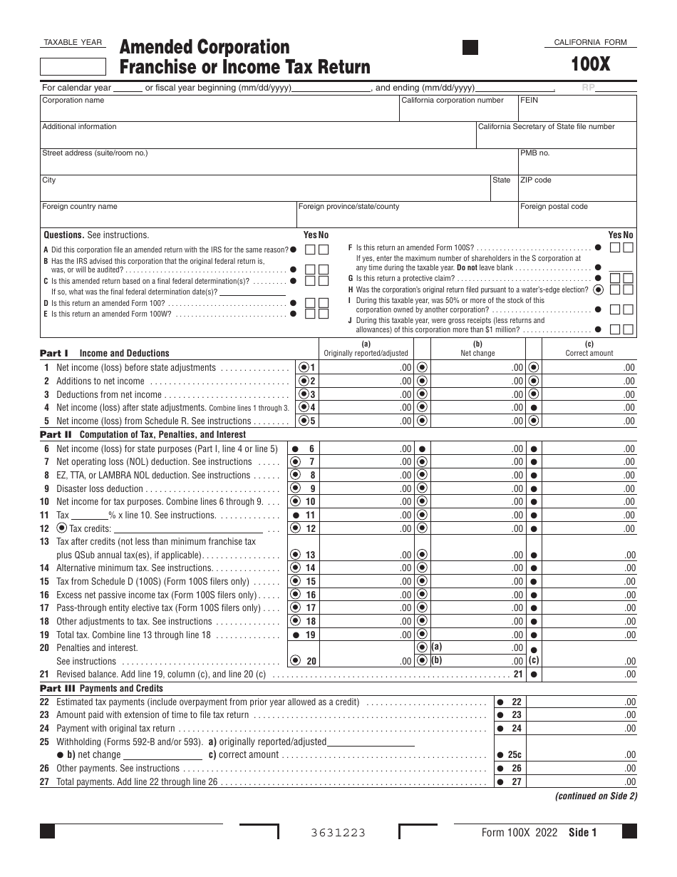 Form 100X Download Fillable PDF or Fill Online Amended Corporation