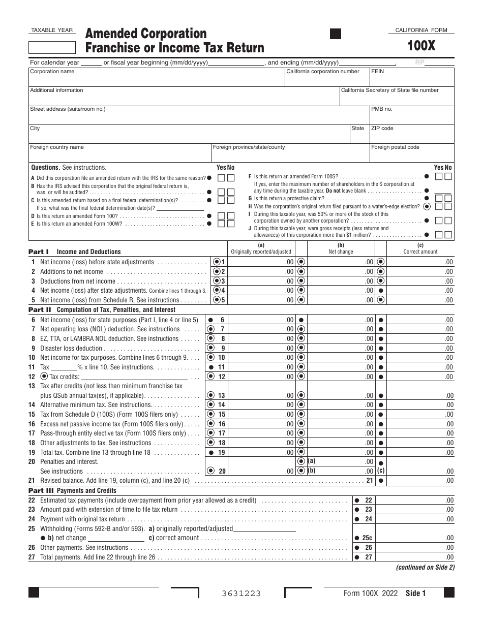 Form 100X Amended Corporation Franchise or Income Tax Return - California, Page 1