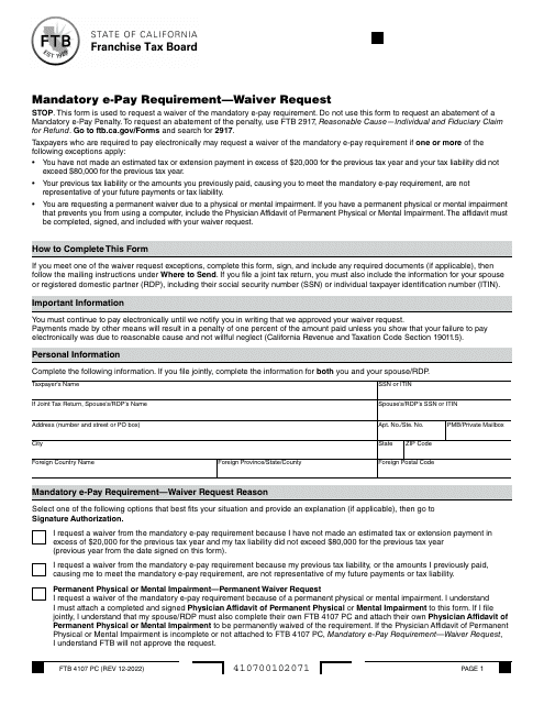 Form FTB4107 PC Mandatory E-Pay Requirement - Waiver Request - California