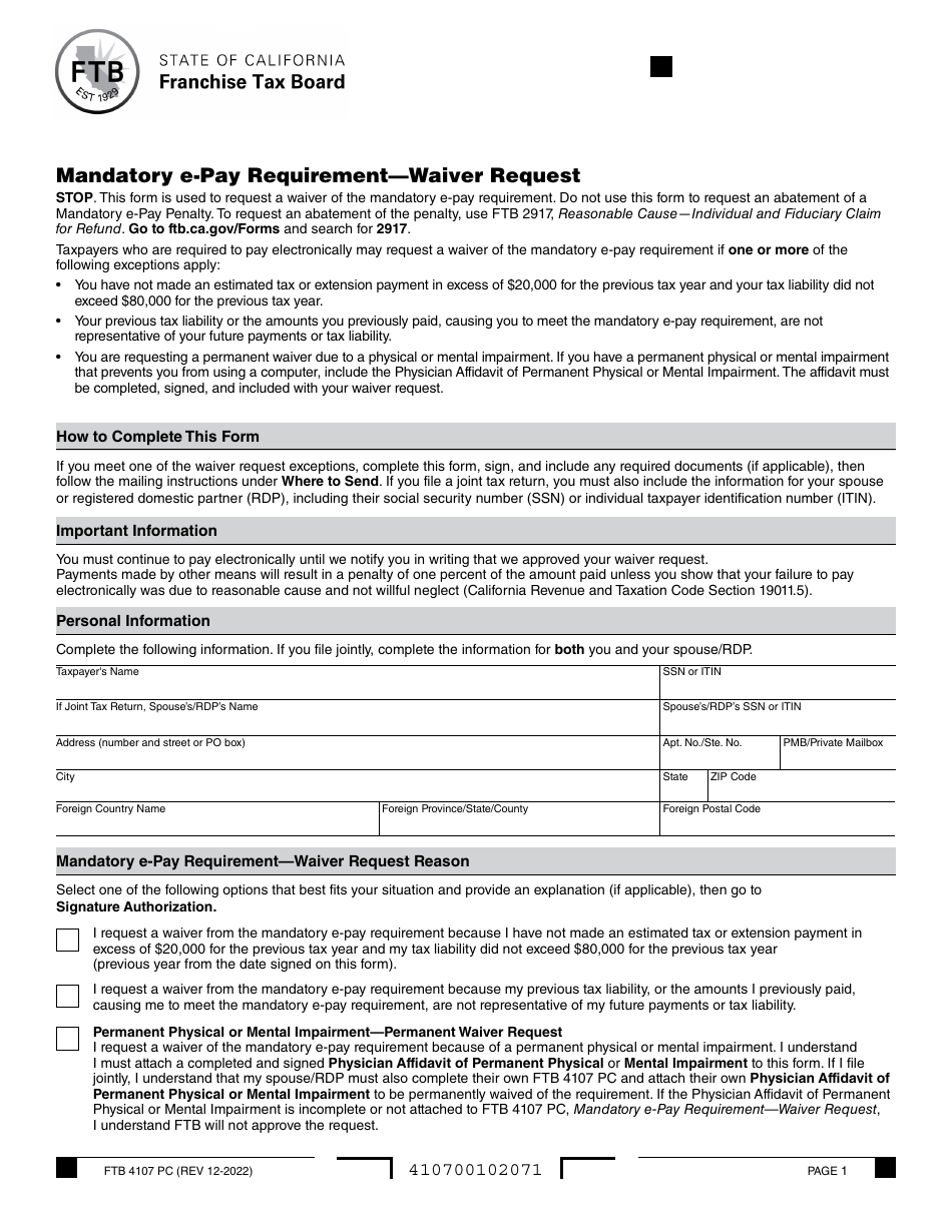 Form FTB4107 PC Mandatory E-Pay Requirement - Waiver Request - California, Page 1