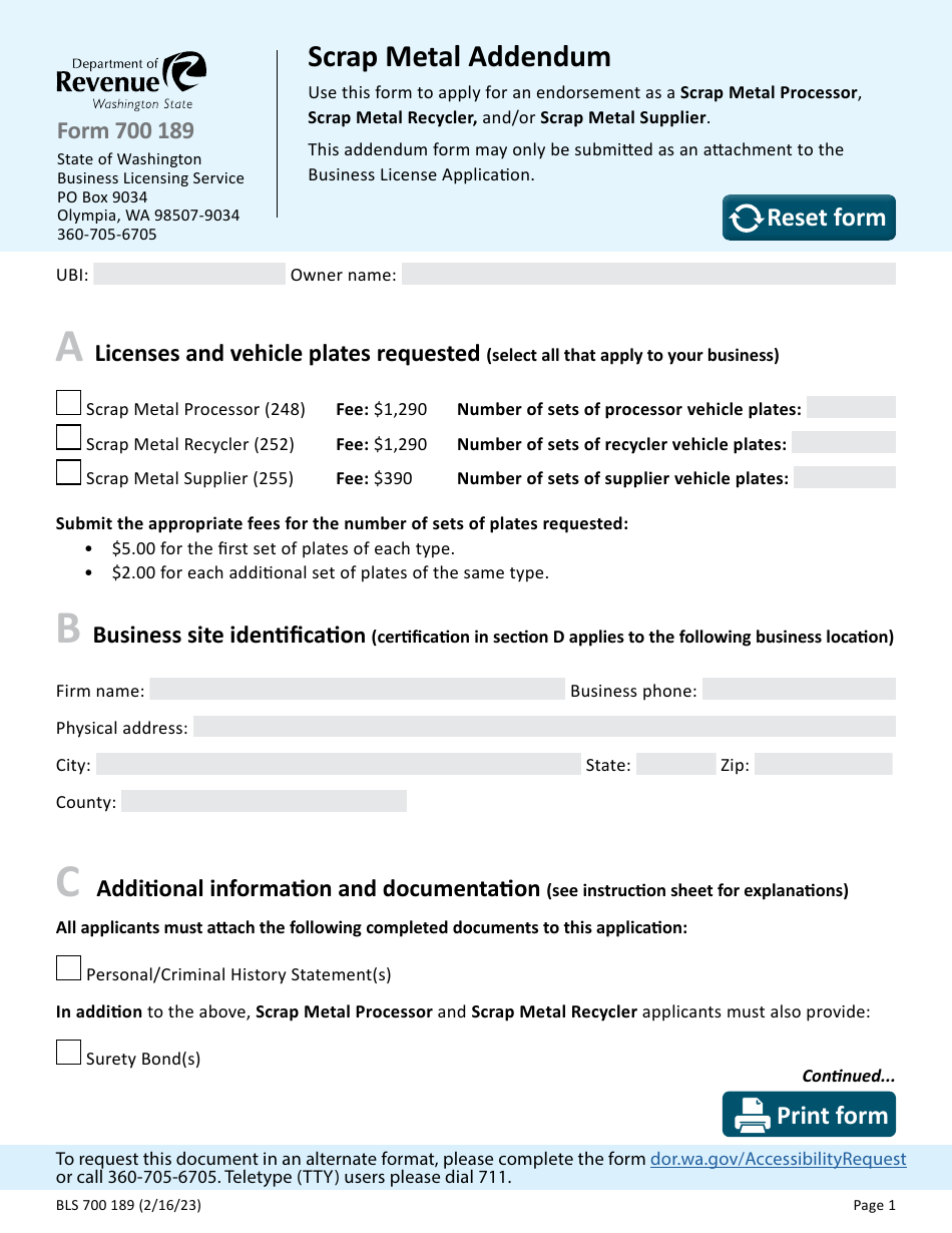 Form BLS700 189 Scrap Metal Addendum - Washington, Page 1
