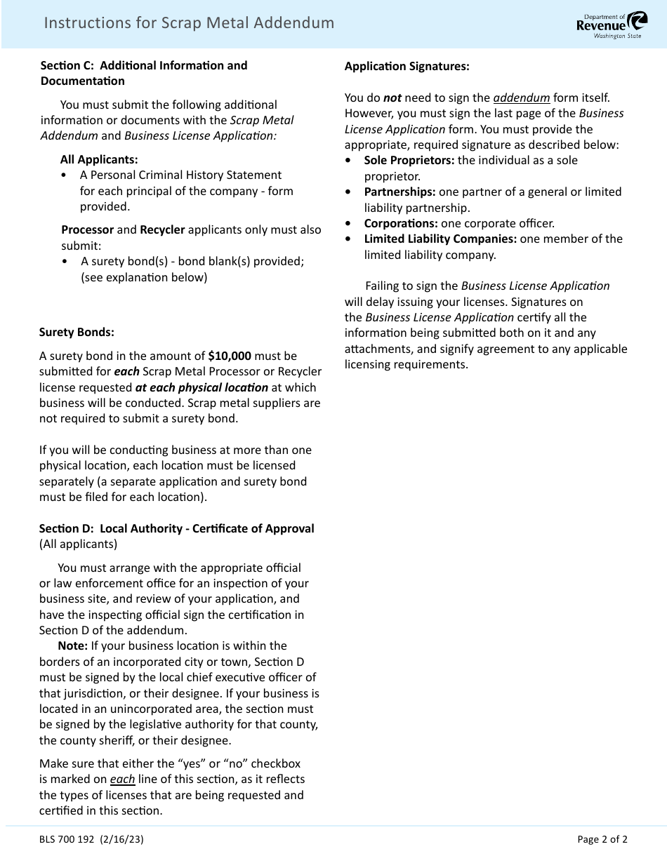 Form BLS700 189 Scrap Metal Addendum - Washington, Page 4