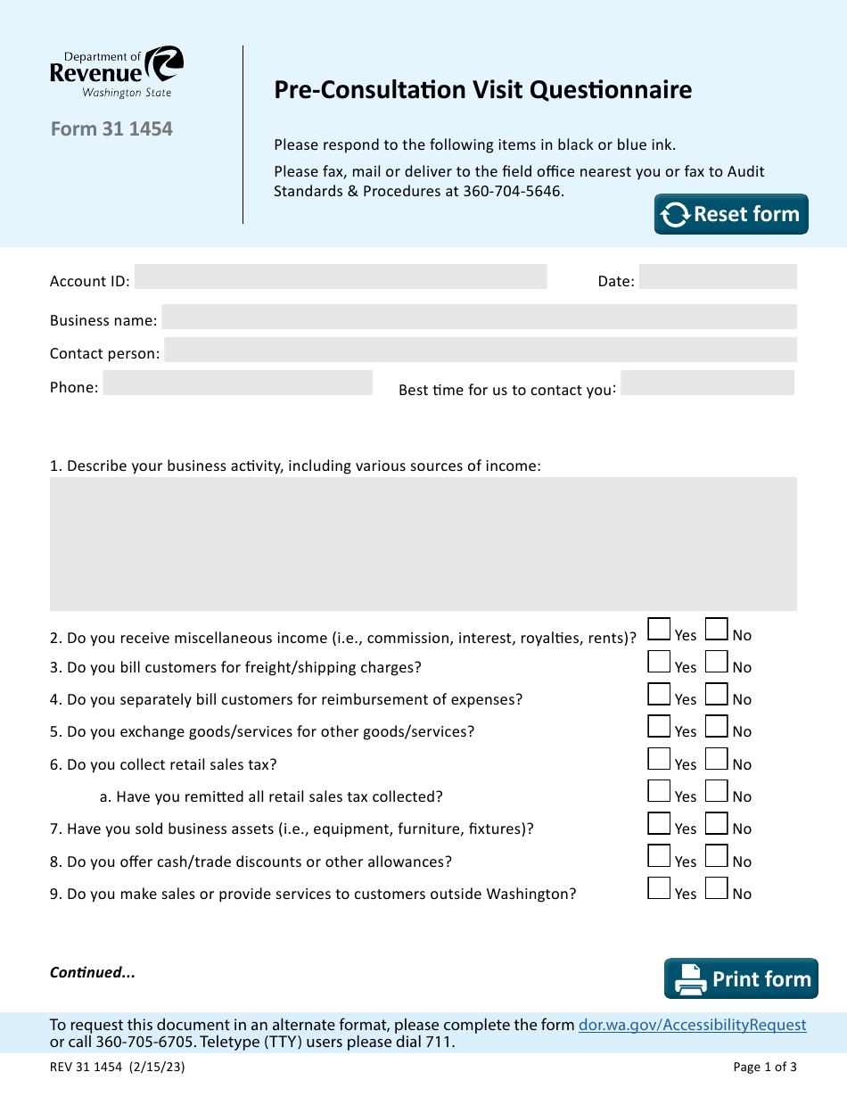 Form BLS31 1454 Pre-consultation Visit Questionnaire - Washington, Page 1