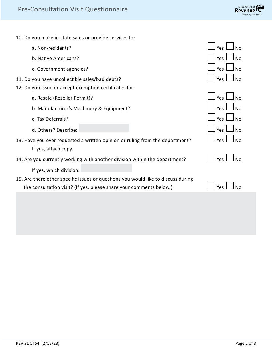 Form BLS31 1454 Pre-consultation Visit Questionnaire - Washington, Page 2
