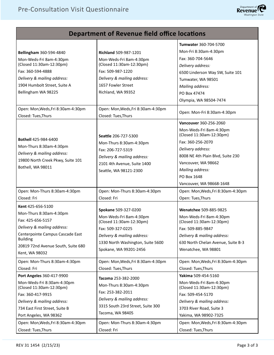 Form BLS31 1454 Pre-consultation Visit Questionnaire - Washington, Page 3
