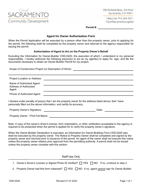 Form CDD-0204 Agent for Owner Authorization Form - City of Sacramento, California