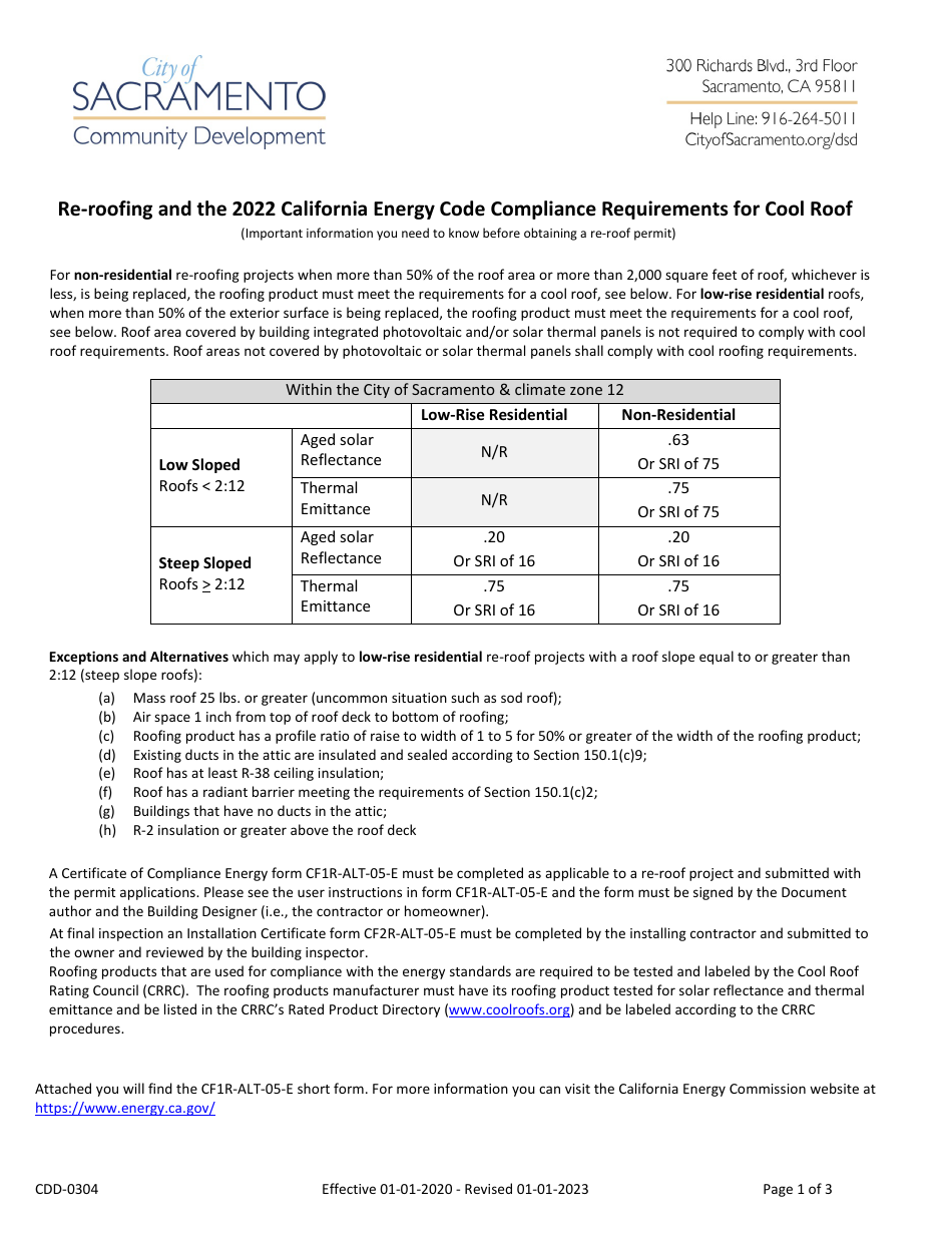 Form CDD-0304 Re-roofing and the 2022 California Energy Code Compliance Requirements for Cool Roof - City of Sacramento, California, Page 1