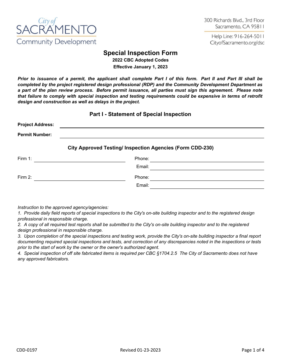 Form CDD-0197 Special Inspection Form - City of Sacramento, California, Page 1
