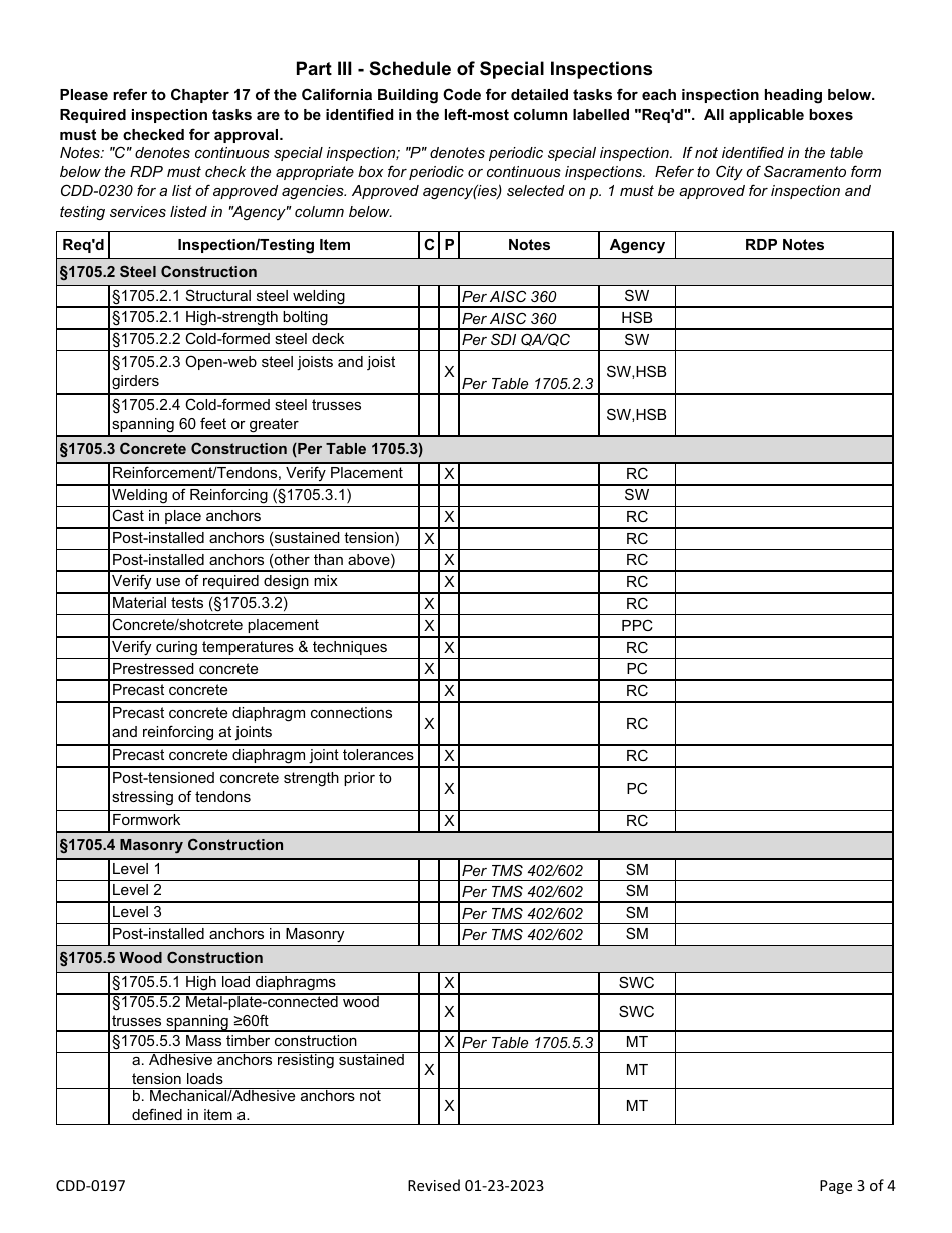 Form CDD-0197 Special Inspection Form - City of Sacramento, California, Page 3