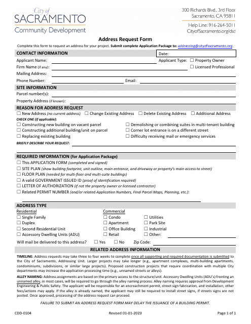 Form CDD-0104 Address Request Form - City of Sacramento, California