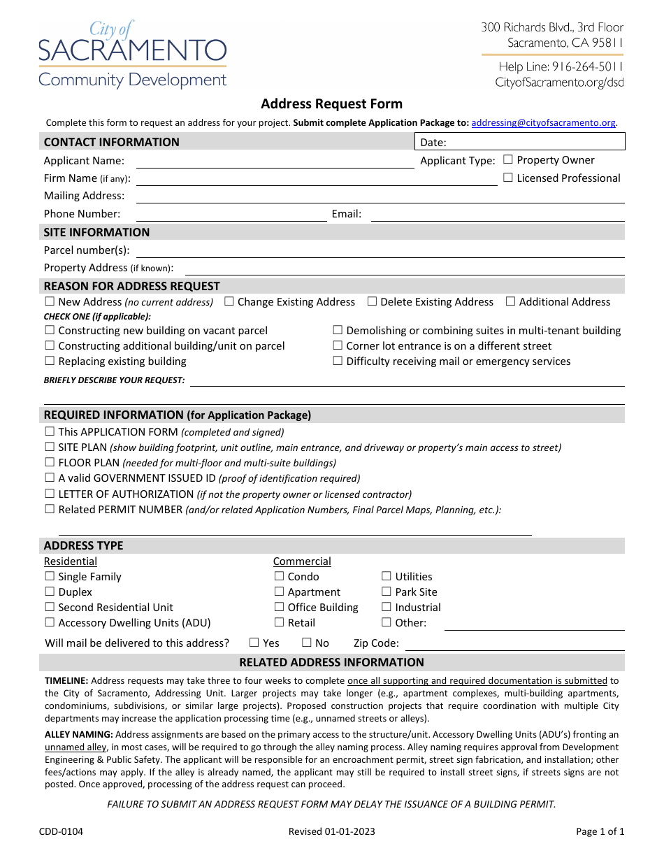 Form CDD-0104 Address Request Form - City of Sacramento, California, Page 1