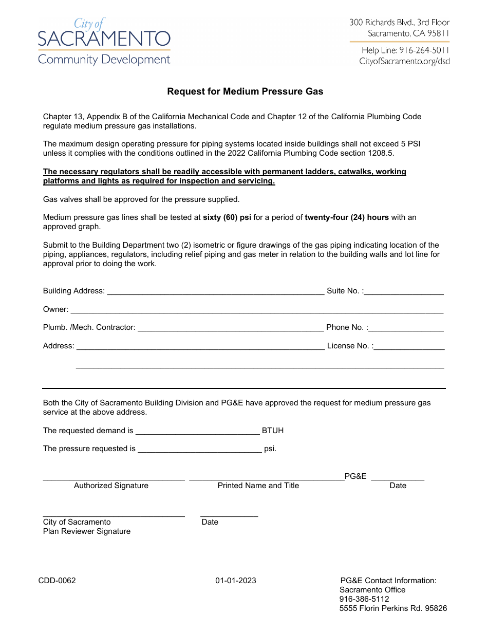 Form CDD-0062 Request for Medium Pressure Gas - City of Sacramento, California, Page 1