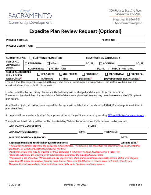 Form CDD-0155 Expedite Plan Review Request (Optional) - City of Sacramento, California