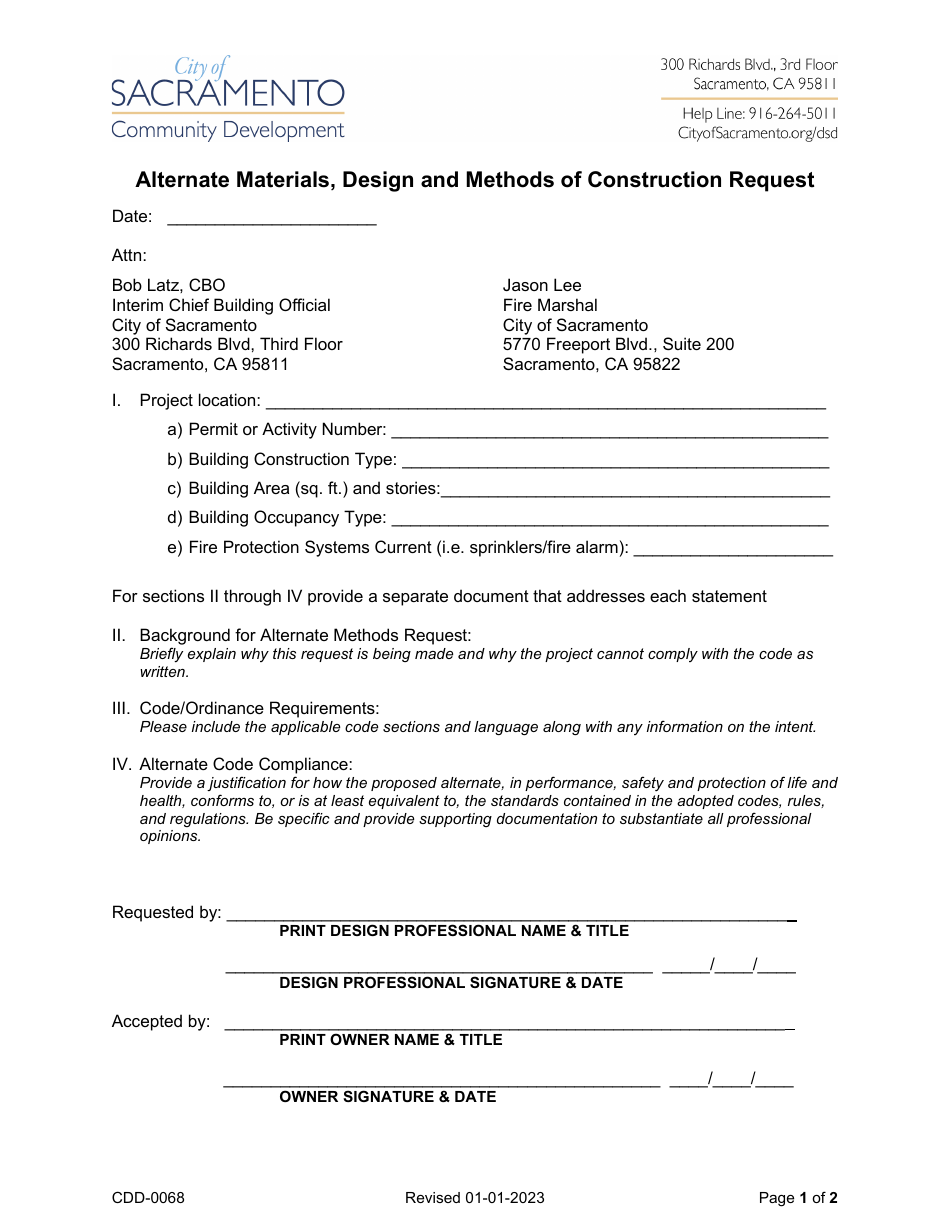 Form CDD-0068 Alternate Materials, Design and Methods of Construction Request - City of Sacramento, California, Page 1