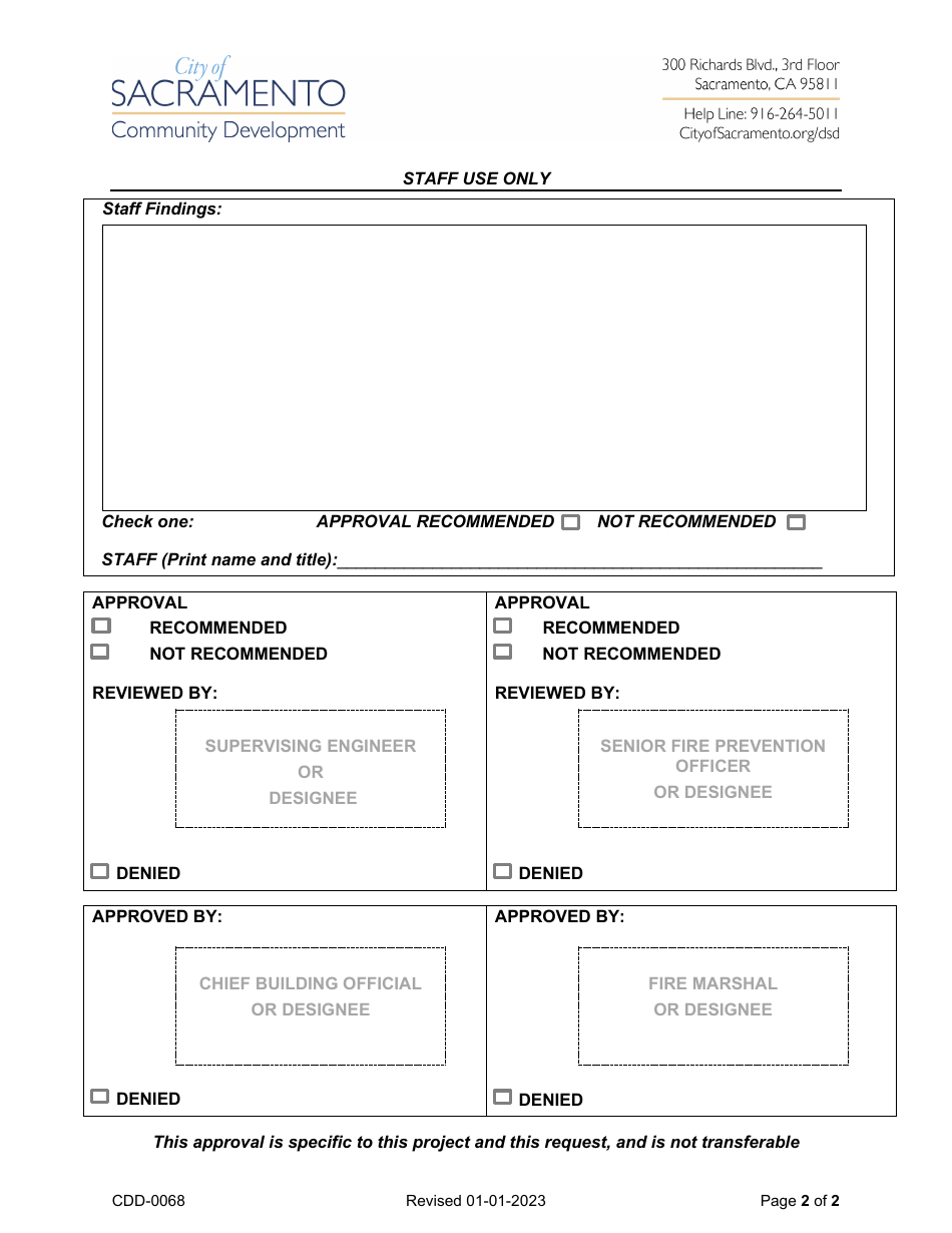 Form CDD-0068 Alternate Materials, Design and Methods of Construction Request - City of Sacramento, California, Page 2