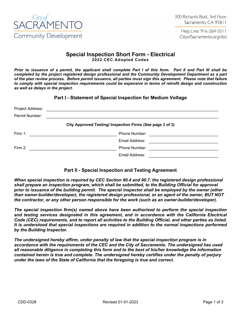 Form CDD-0328 Special Inspection Short Form - Electrical - City of Sacramento, California, Page 1