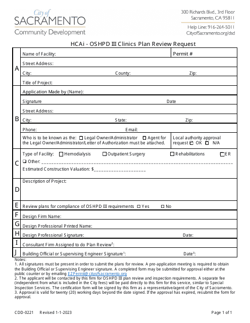 Form CDD-0221 Hcai - Oshpd Iii Clinics Plan Review Request - City of Sacramento, California