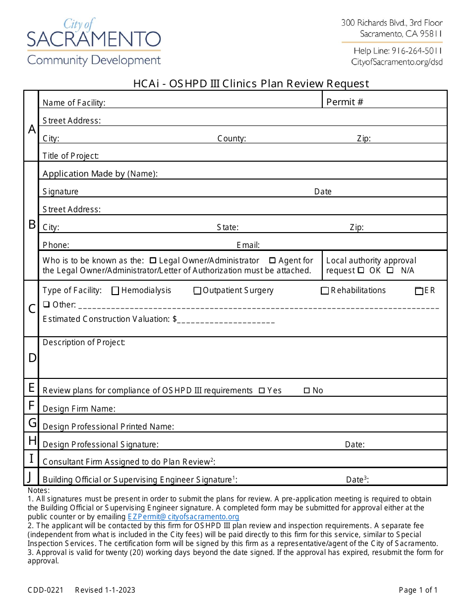 Form CDD-0221 Hcai - Oshpd Iii Clinics Plan Review Request - City of Sacramento, California, Page 1