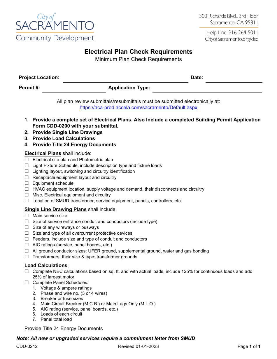 Form CDD-0212 Electrical Plan Check Requirements - City of Sacramento, California, Page 1