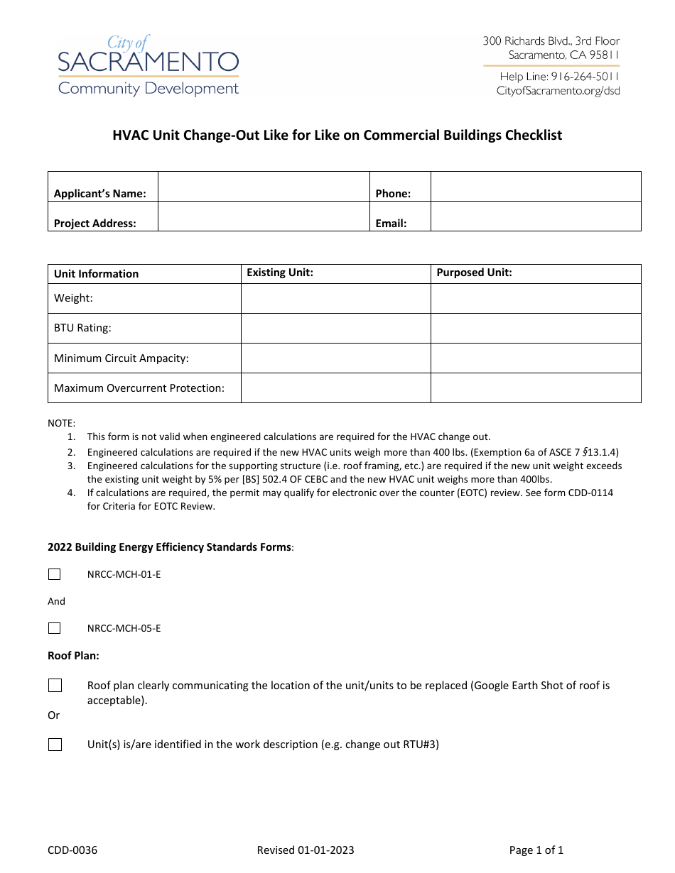 Form CDD-0036 HVAC Unit Change-Out Like for Like on Commercial Buildings Checklist - City of Sacramento, California, Page 1