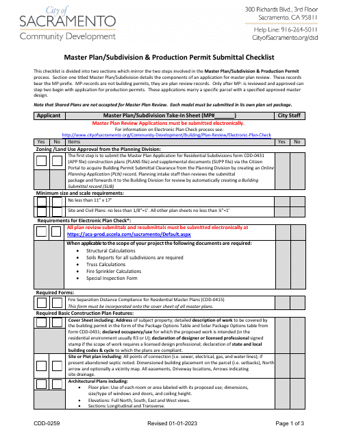 Form CDD-0259 Master Plan/Subdivision & Production Permit Submittal Checklist - City of Sacramento, California