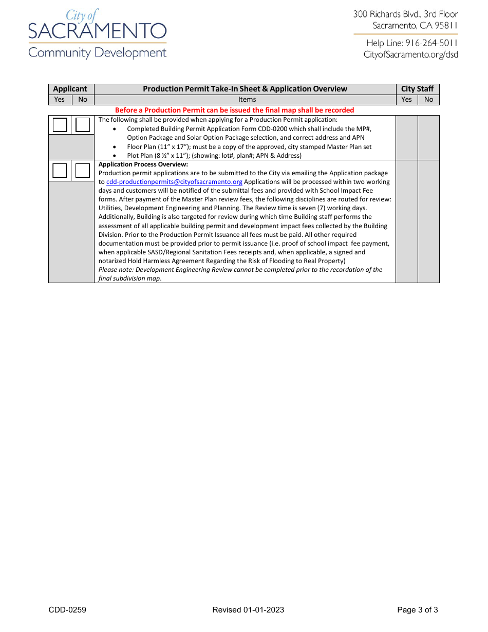 Form CDD-0259 Master Plan / Subdivision  Production Permit Submittal Checklist - City of Sacramento, California, Page 3